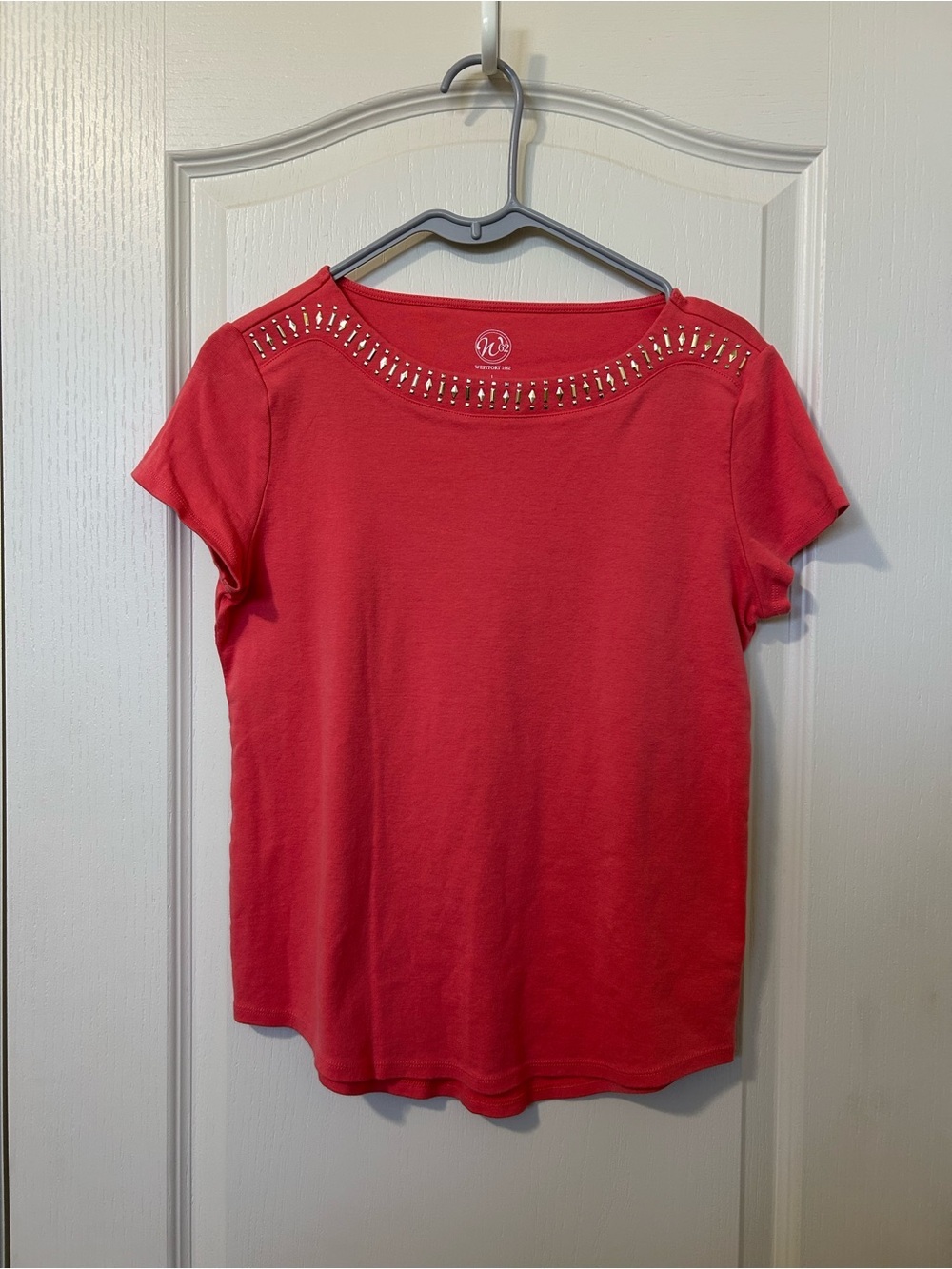 Westport Coral Coral Short Sleeve Studded Neckline Tee